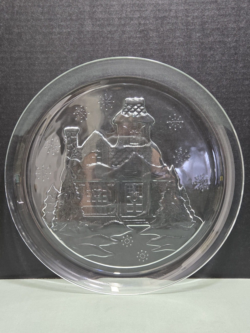 Vintage Arcoroc France Christmas Clear Glass Platter 13 Inch Winter Cottage